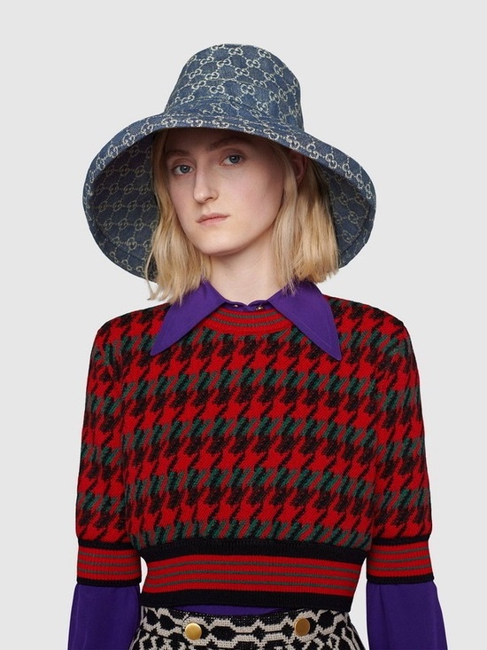 Jacquard Accessories - Denim Monogram Large Brim Bucket Hat Jacquard Navy Blue Canvas Sun Beach
